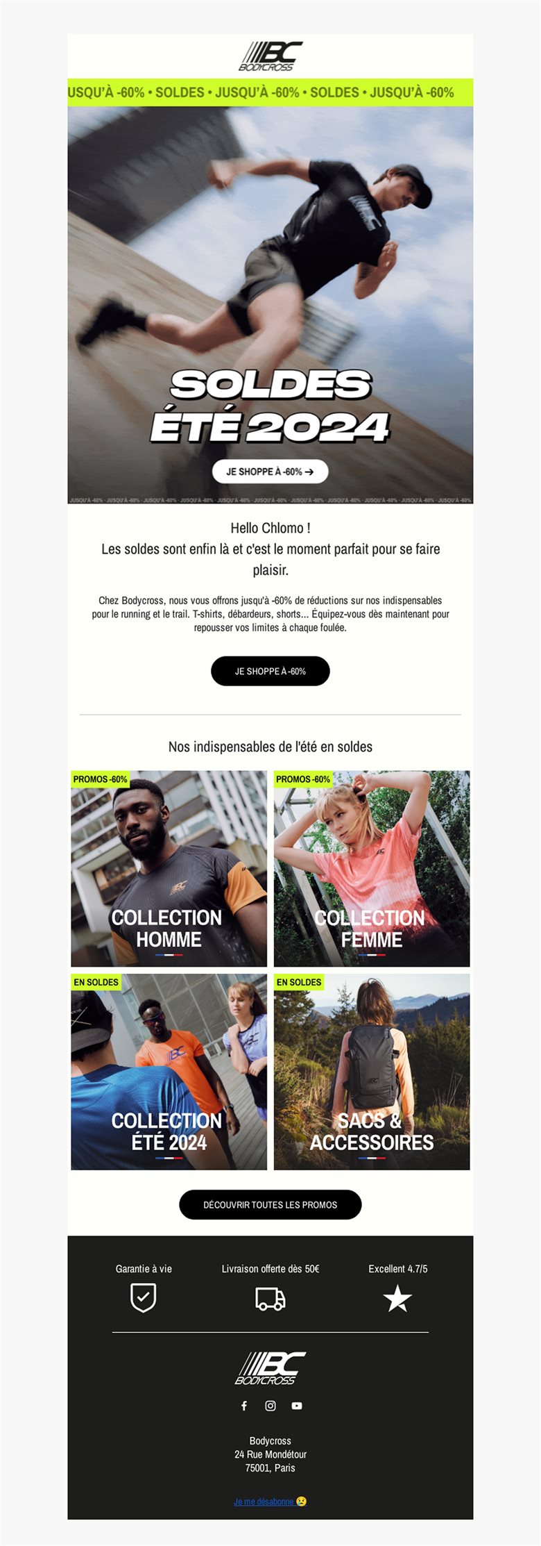 Email « Soldes Été 2024, jusqu'à -60 % », Bodycross